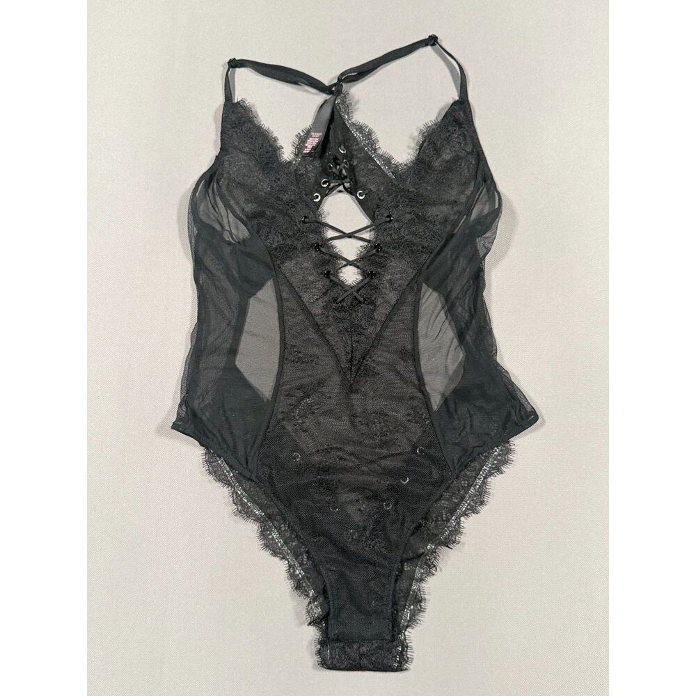 Victorias Secret Black Lace Teddy Bodysuit Small S Lace Up Sheer Eyelash Trim